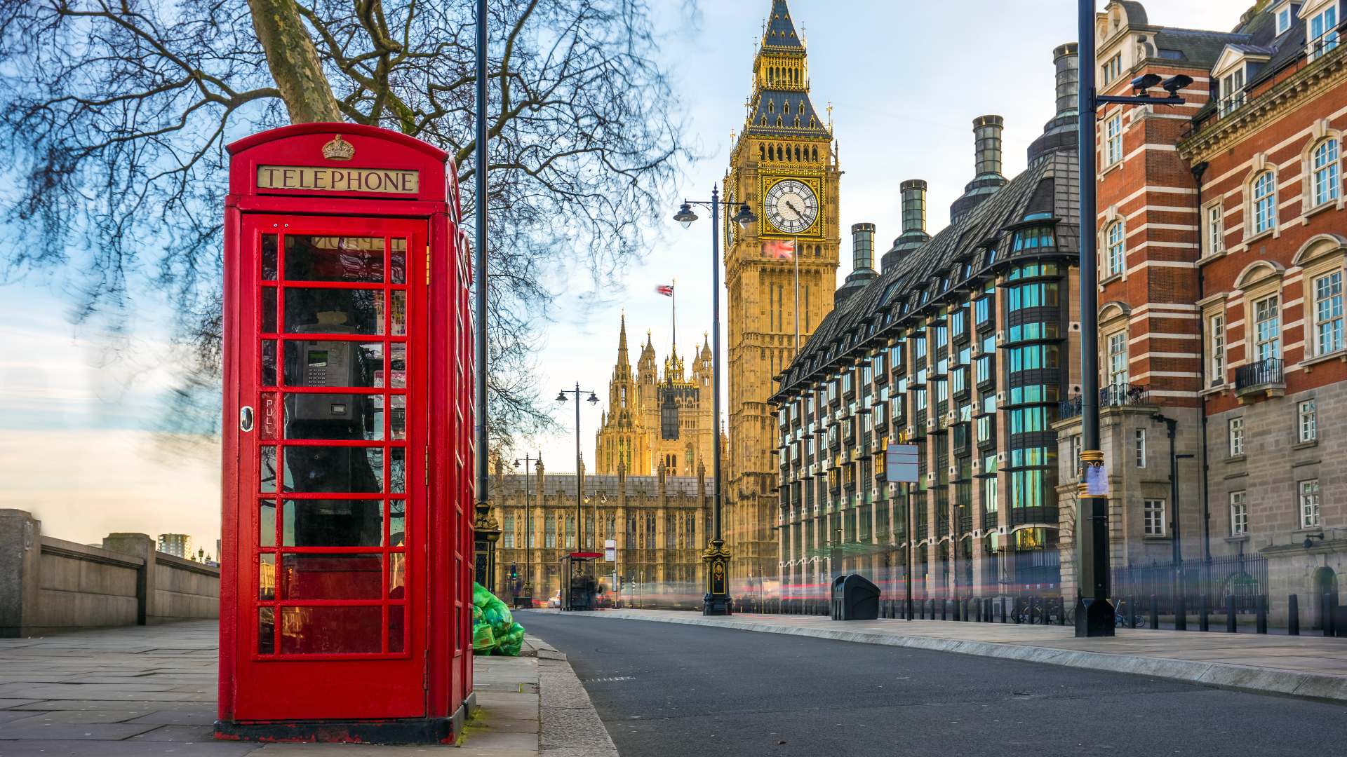 iconic British old red telephone box near Big Ben