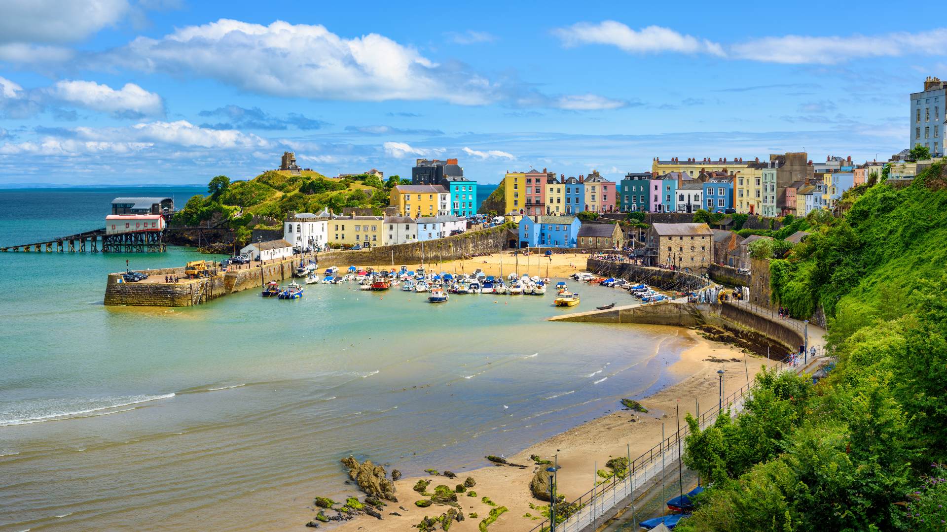 panoramic view of Tenby town and beach in Wales 