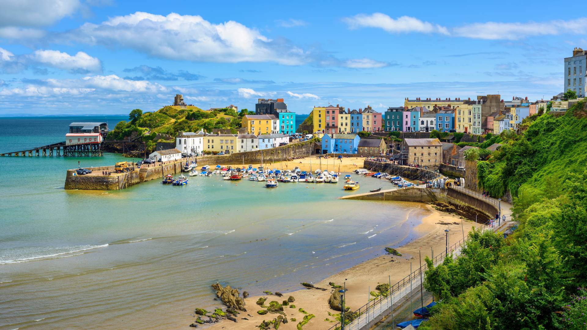 panoramic view of Tenby town and beach in Wales