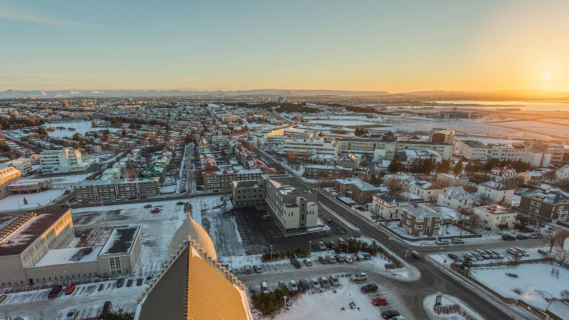 Aerial view of Reykjavík during Winter